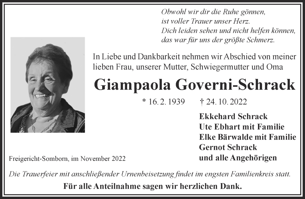  Traueranzeige für Giampaola Governi-Schrack vom 12.11.2022 aus Gelnhäuser Neue Zeitung