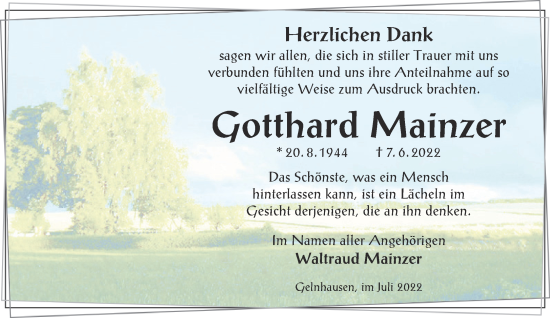 Traueranzeige von Gotthard Mainzer von Gelnhäuser Neue Zeitung