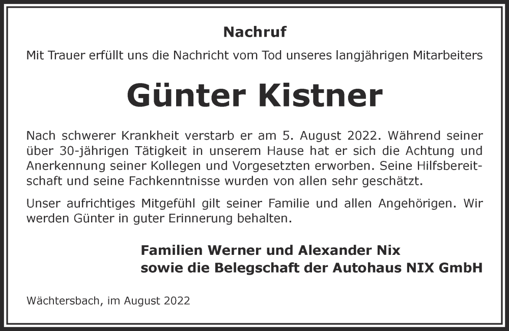  Traueranzeige für Günter Kistner vom 29.08.2022 aus Gelnhäuser Neue Zeitung