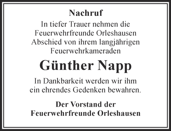 Traueranzeige von Günther Napp von Mittelhessen-Bote