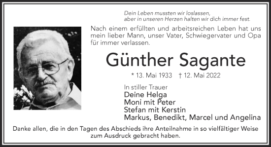 Traueranzeige von Günther Sagante von Gelnhäuser Neue Zeitung