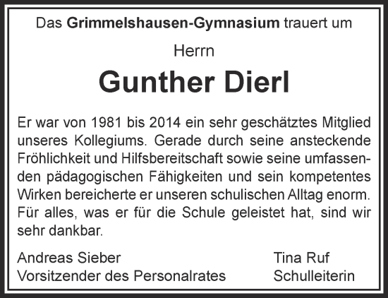 Traueranzeige von Gunther Dierl von Mittelhessen-Bote