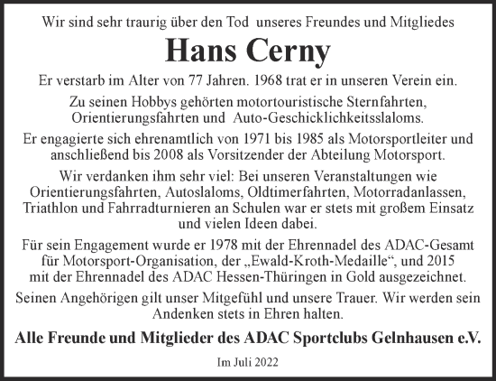 Traueranzeige von Hans Cerny von Gelnhäuser Neue Zeitung