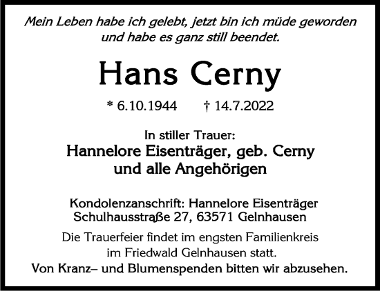 Traueranzeige von Hans Cerny von Gelnhäuser Neue Zeitung