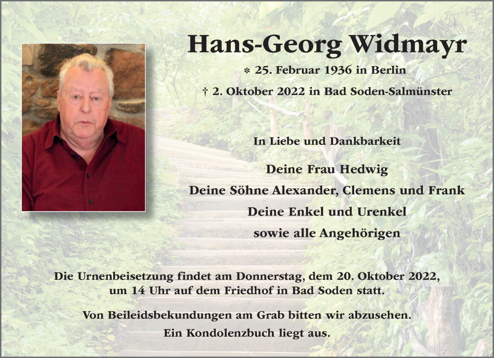  Traueranzeige für Hans-Georg Widmayr vom 15.10.2022 aus Gelnhäuser Neue Zeitung