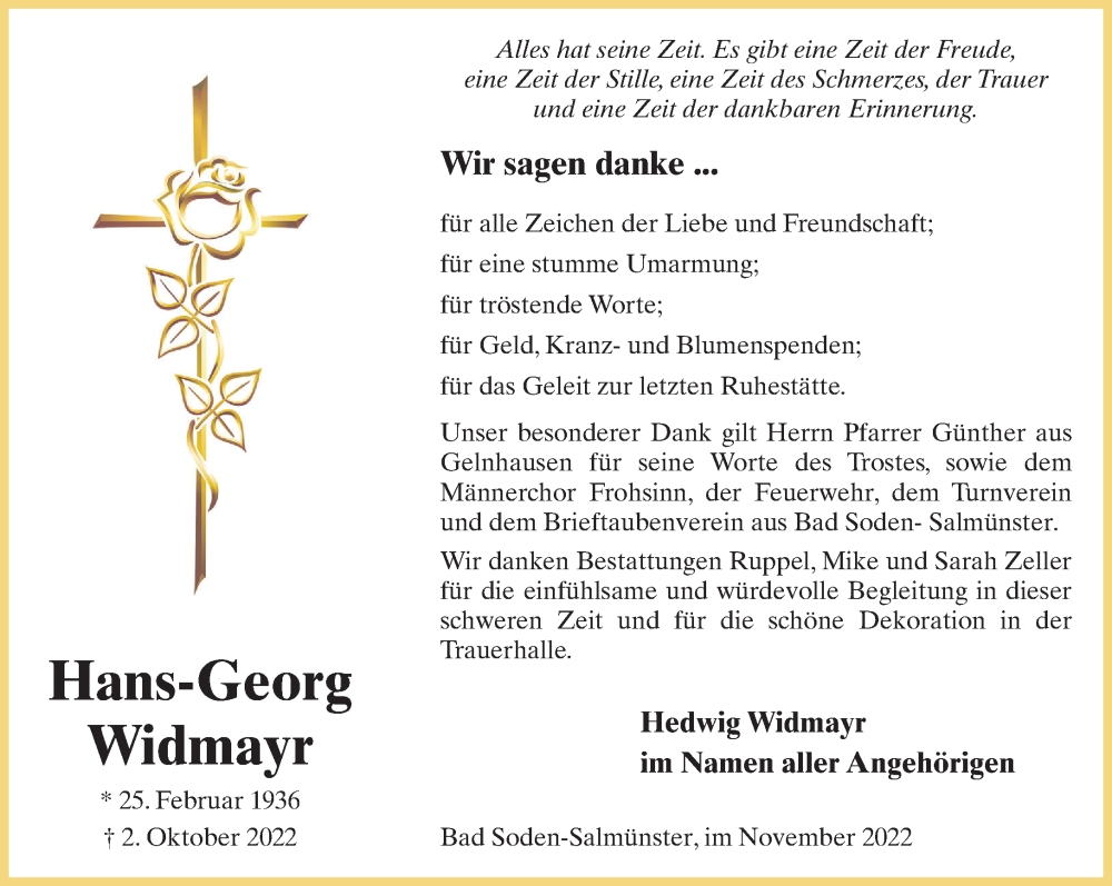  Traueranzeige für Hans-Georg Widmayr vom 26.11.2022 aus Gelnhäuser Neue Zeitung