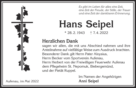 Traueranzeige von Hans Seipel von Gelnhäuser Neue Zeitung