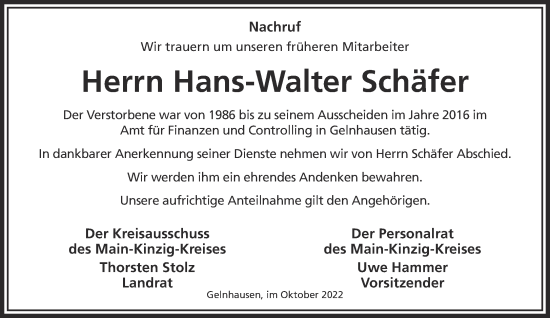 Traueranzeige von Hans-Walter Schäfer von Mittelhessen-Bote
