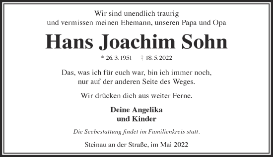 Traueranzeige von Hans Joachim Sohn von Gelnhäuser Neue Zeitung