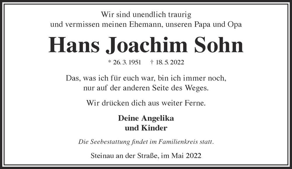  Traueranzeige für Hans Joachim Sohn vom 28.05.2022 aus Gelnhäuser Neue Zeitung