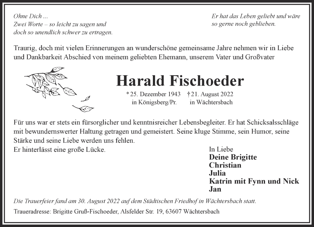  Traueranzeige für Harald Fischoeder vom 03.09.2022 aus Mittelhessen-Bote