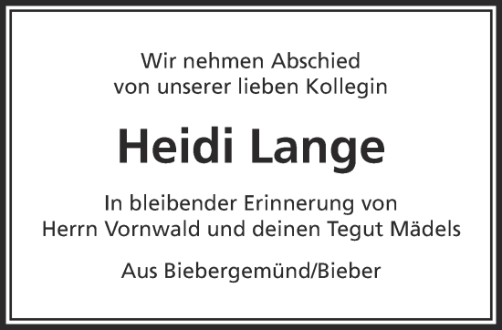 Traueranzeige von Heidi Lange von Mittelhessen-Bote