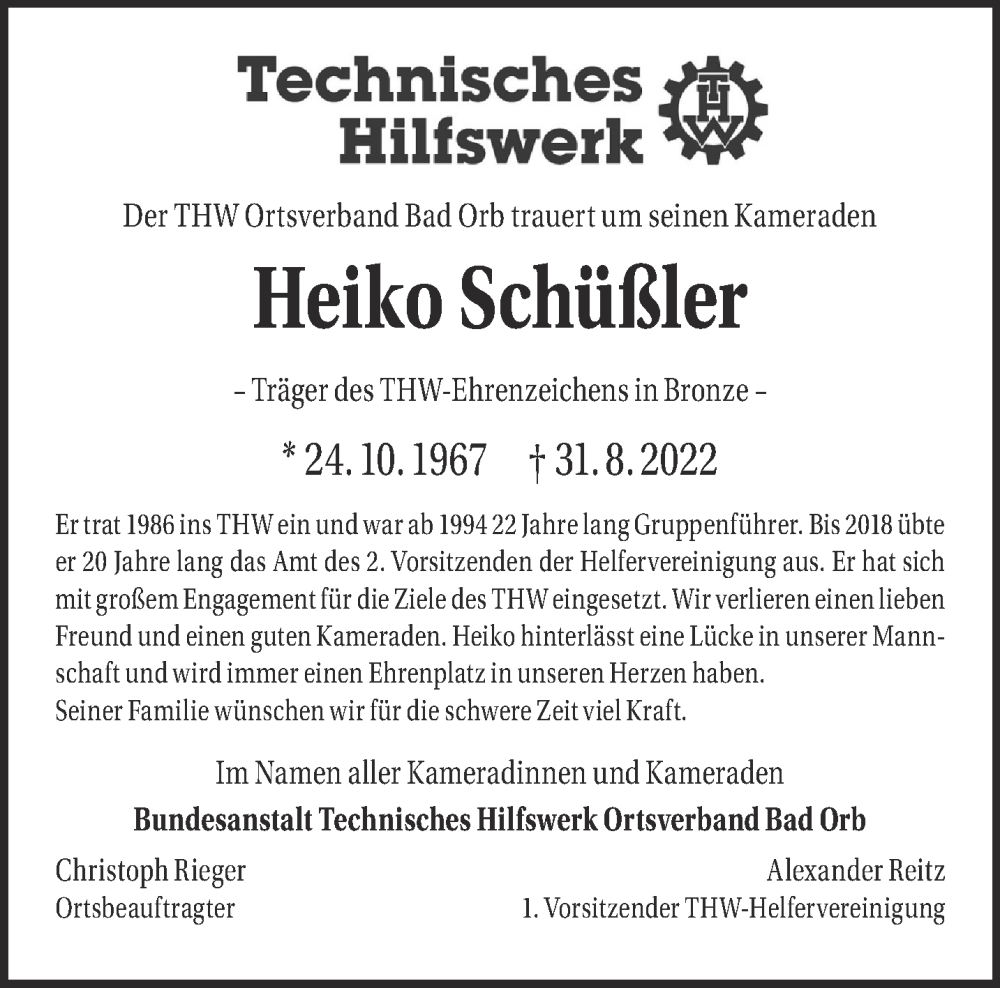  Traueranzeige für Heiko Schüßler vom 10.09.2022 aus Gelnhäuser Neue Zeitung