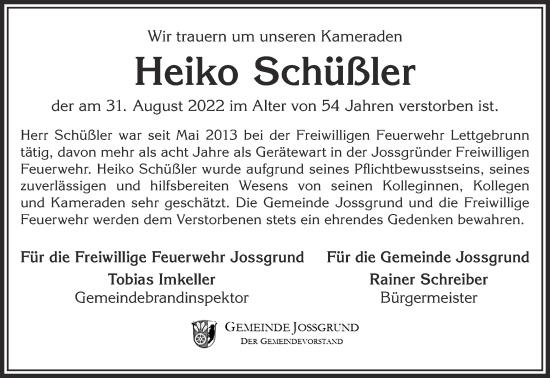 Traueranzeige von Heiko Schüßler von Gelnhäuser Neue Zeitung