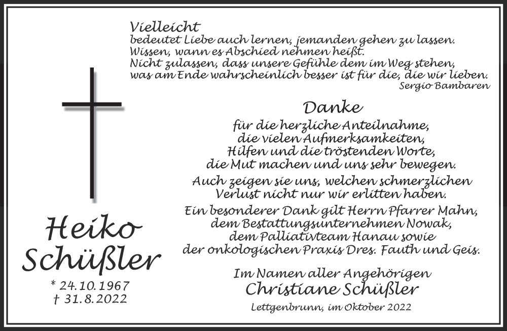  Traueranzeige für Heiko Schüßler vom 22.10.2022 aus Gelnhäuser Neue Zeitung