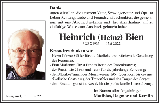 Traueranzeige von Heinrich Bien von Gelnhäuser Neue Zeitung