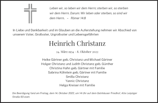 Traueranzeige von Heinrich Christanz von Mittelhessen-Bote