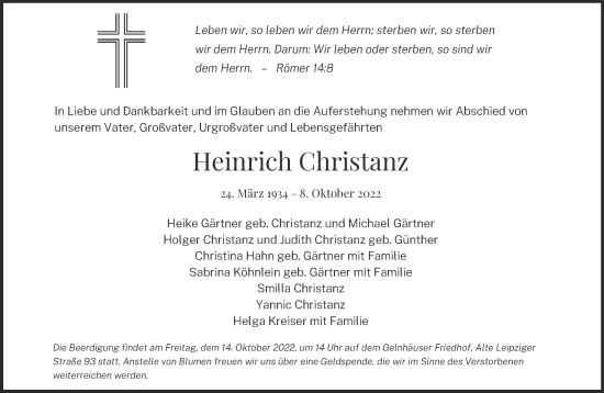Traueranzeige von Heinrich Christanz von Gelnhäuser Neue Zeitung