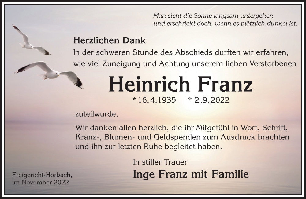  Traueranzeige für Heinrich Franz vom 12.11.2022 aus Mittelhessen-Bote