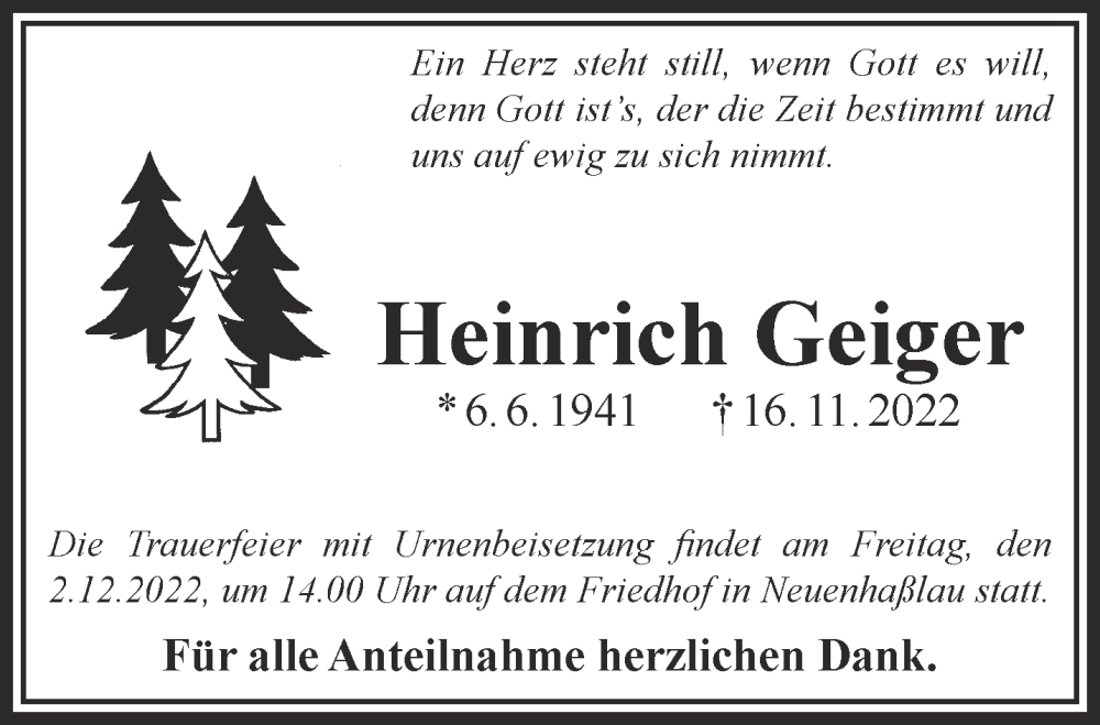  Traueranzeige für Heinrich Geiger vom 26.11.2022 aus Gelnhäuser Neue Zeitung