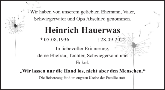 Traueranzeige von Heinrich Hauerwas von Gelnhäuser Neue Zeitung