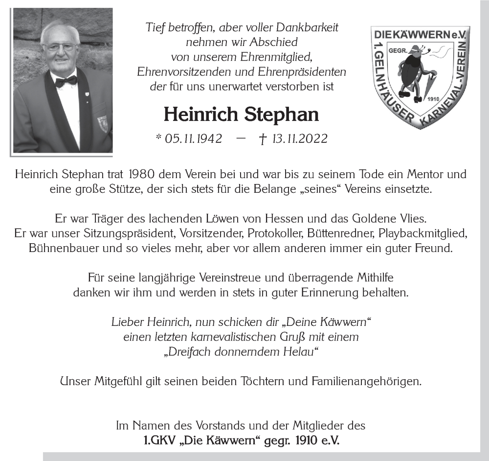  Traueranzeige für Heinrich Stephan vom 26.11.2022 aus Gelnhäuser Neue Zeitung