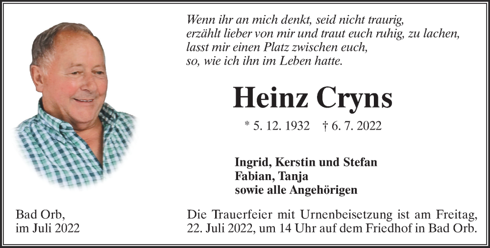  Traueranzeige für Heinz Cryns vom 16.07.2022 aus Gelnhäuser Neue Zeitung