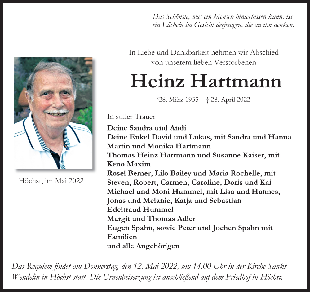  Traueranzeige für Heinz Hartmann vom 07.05.2022 aus Gelnhäuser Neue Zeitung