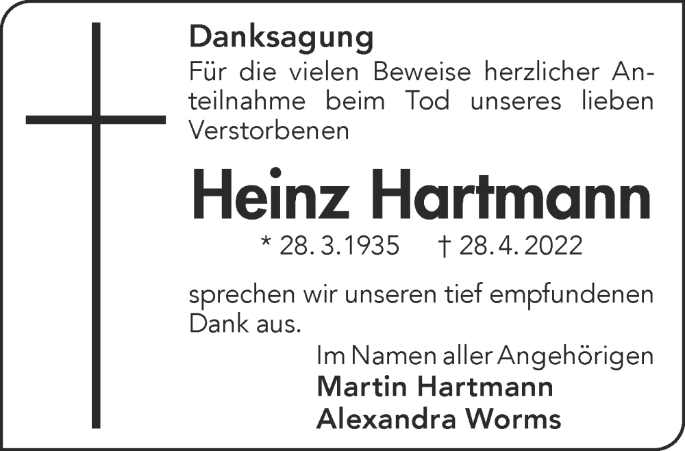  Traueranzeige für Heinz Hartmann vom 04.06.2022 aus Gelnhäuser Neue Zeitung