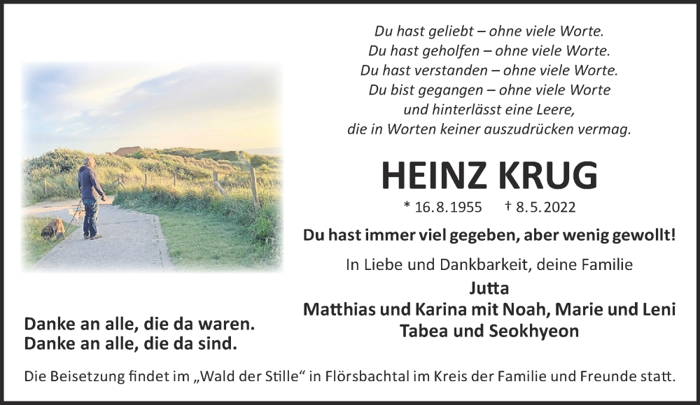  Traueranzeige für Heinz Krug vom 21.05.2022 aus Gelnhäuser Neue Zeitung