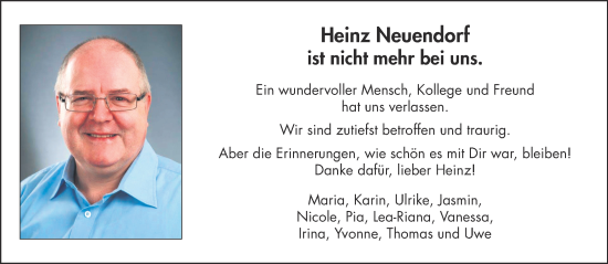 Traueranzeige von Heinz Neuendorf von Mittelhessen-Bote