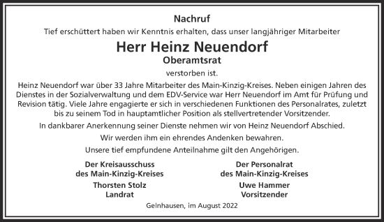 Traueranzeige von Heinz Neuendorf von Mittelhessen-Bote