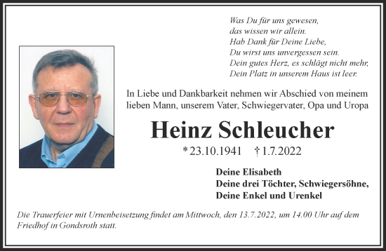 Traueranzeige von Heinz Schleucher von Gelnhäuser Neue Zeitung