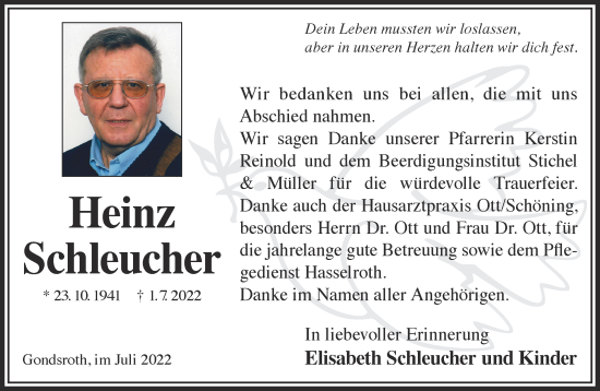Traueranzeige von Heinz Schleucher von Gelnhäuser Neue Zeitung