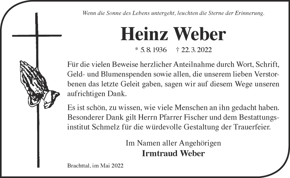  Traueranzeige für Heinz Weber vom 07.05.2022 aus Gelnhäuser Neue Zeitung