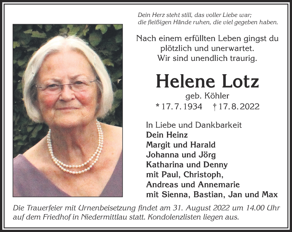  Traueranzeige für Helene Lotz vom 27.08.2022 aus Mittelhessen-Bote