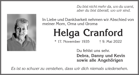 Traueranzeige von Helga Cranford von Gelnhäuser Neue Zeitung