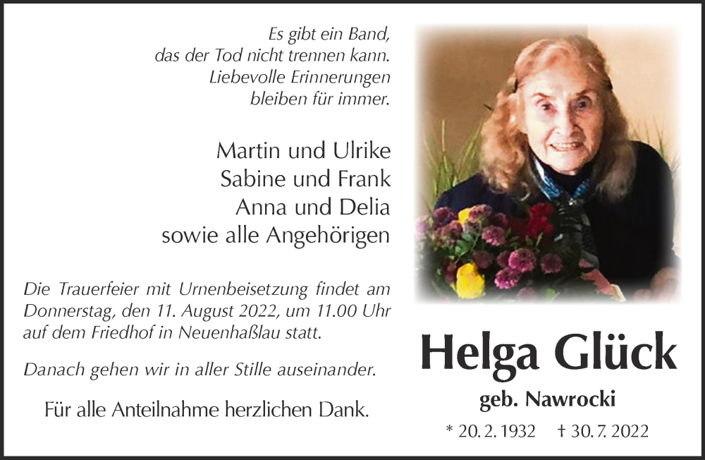 Traueranzeige für Helga Glück vom 06.08.2022 aus Gelnhäuser Neue Zeitung