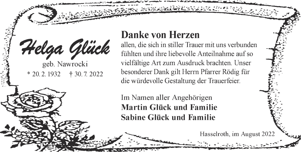  Traueranzeige für Helga Glück vom 27.08.2022 aus Gelnhäuser Neue Zeitung