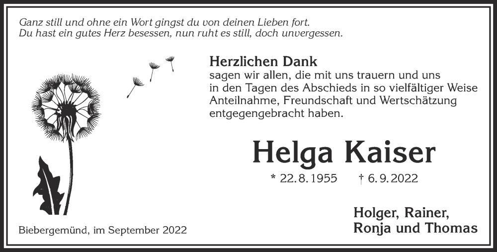  Traueranzeige für Helga Kaiser vom 01.10.2022 aus Gelnhäuser Neue Zeitung