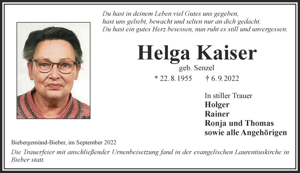  Traueranzeige für Helga Kaiser vom 17.09.2022 aus Mittelhessen-Bote