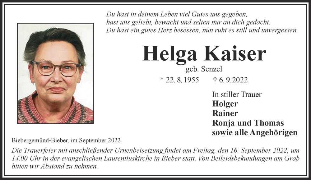  Traueranzeige für Helga Kaiser vom 14.09.2022 aus Gelnhäuser Neue Zeitung