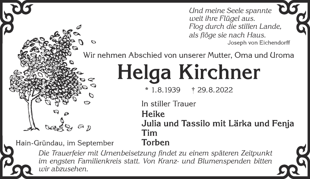  Traueranzeige für Helga Kirchner vom 03.09.2022 aus Gelnhäuser Neue Zeitung