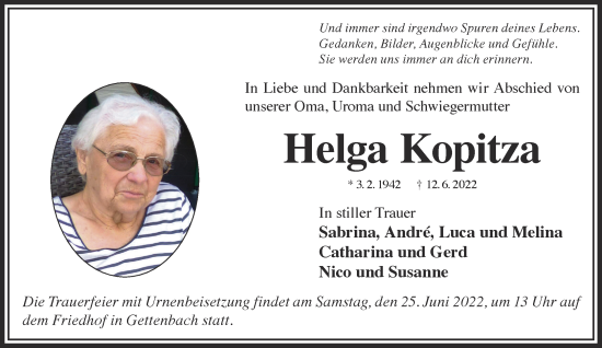 Traueranzeige von Helga Kopitza von Gelnhäuser Neue Zeitung