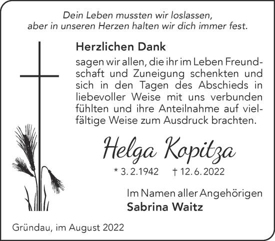 Traueranzeige von Helga Kopitza von Gelnhäuser Neue Zeitung