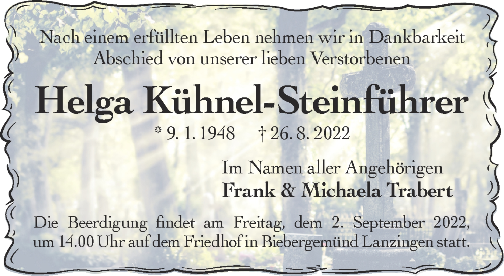  Traueranzeige für Helga Kühnel-Steinführer vom 27.08.2022 aus Gelnhäuser Neue Zeitung