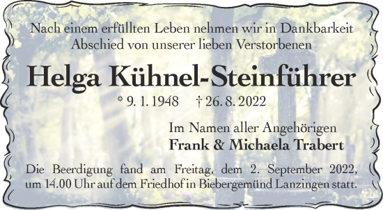 Traueranzeige von Helga Kühnel-Steinführer von Mittelhessen-Bote