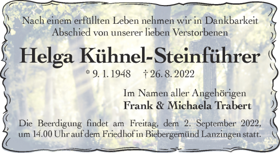 Traueranzeige von Helga Kühnel-Steinführer von Gelnhäuser Neue Zeitung