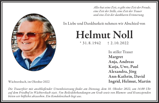Traueranzeige von Helmut Noll von Gelnhäuser Neue Zeitung