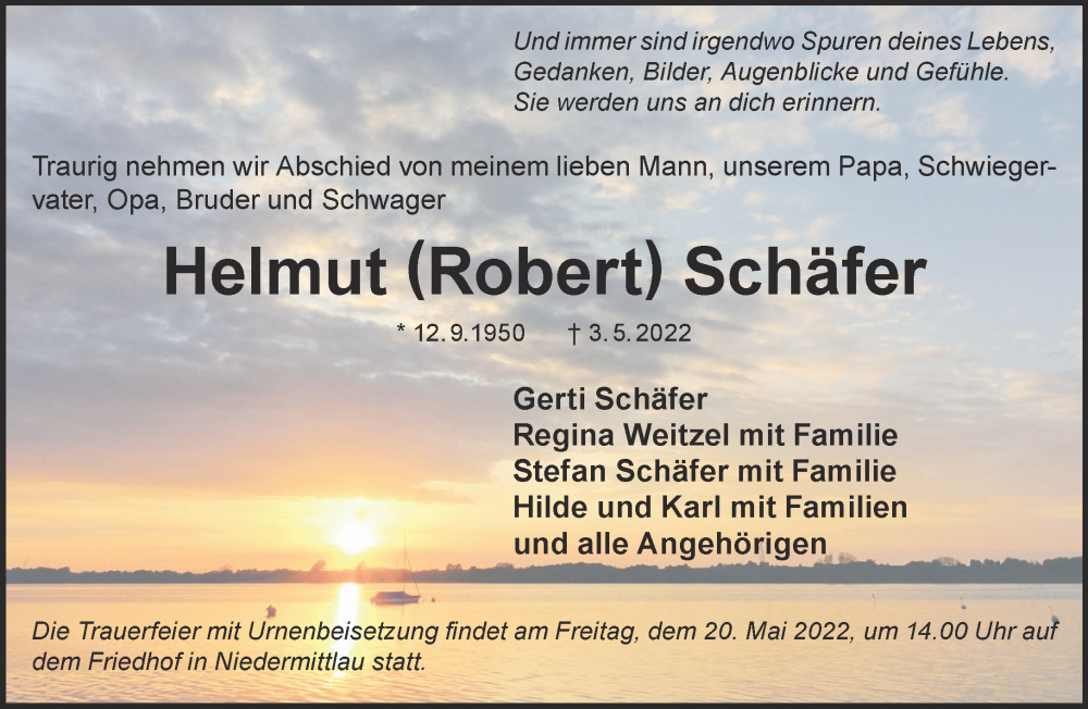  Traueranzeige für Helmut Schäfer vom 14.05.2022 aus Gelnhäuser Neue Zeitung
